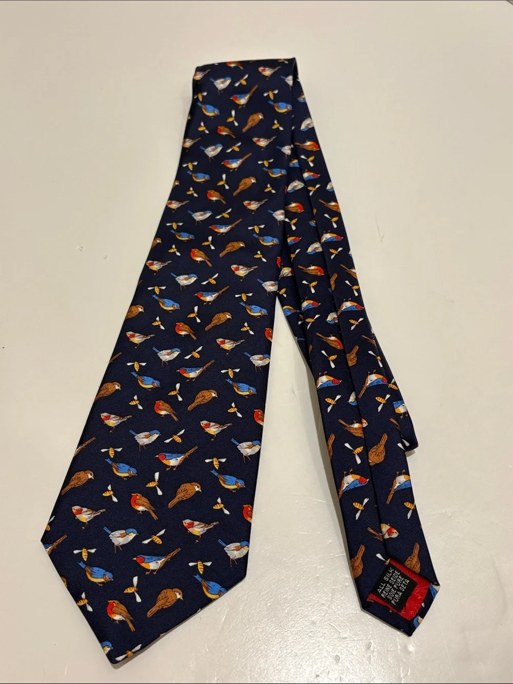 Harrods Navy Silk Tie with Colorful Songbirds and Bees